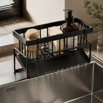 Kitchen sink storage rack with draining tray, sponge holder and brush holder, multi-functional kitchen accessory storage basket, sponge holder for sink