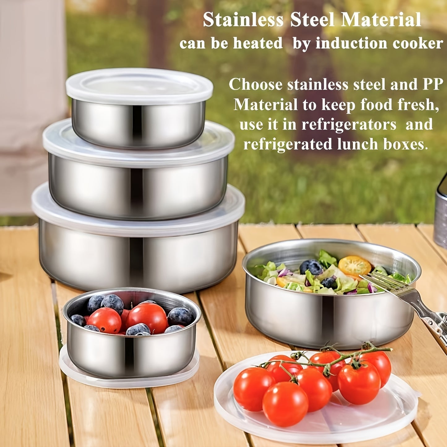 5-Piece Reusable Stainless Steel Outdoor Containers – Circular Airtight Lids, Perfect for Storing Fruits, Vegetables & Snacks, Ideal Companion for Picnic Parties & Outdoor Adventures