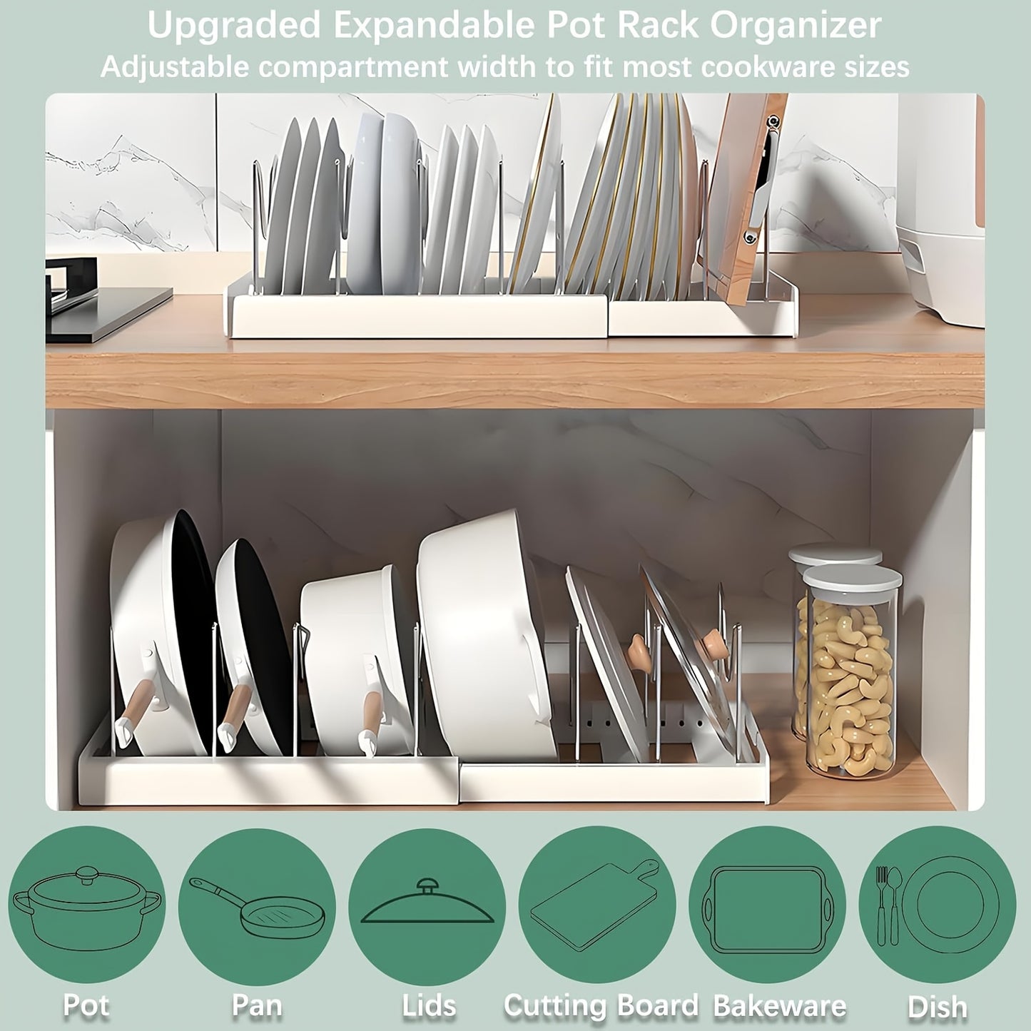 1pc Space-Saving Kitchen Organizer Rack, Metal Construction with 7 Adjustable Shelves, Expandable Lid Holder, Pull-Out Drawer, Utensil Rack & Drain Board for Pots & Pans
