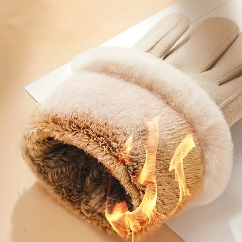 1 Pair Women’s Beige Touchscreen Windproof Thermal Gloves – Fur-Cuffed Warm-Lined Design Perfect for Commuting, Hiking & Running Adventures