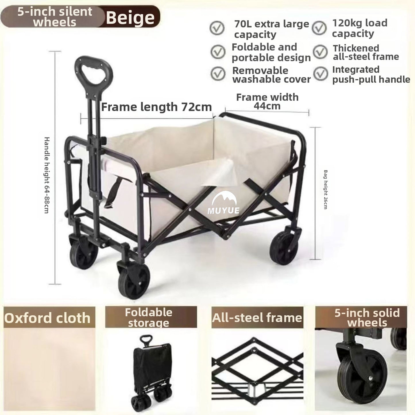 Multi-Purpose Foldable Utility Garden Cart with 5 Inch Rubber Wheels, Adjustable Pull Handle, Collapsible Transport Wagon for Shopping, Beach Trips and Outdoor Camping
