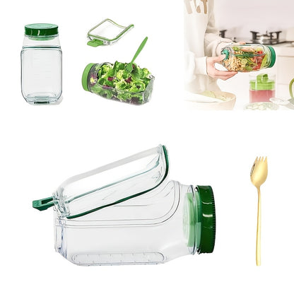 Side Opening Leak-Proof Salad Jar with Independent Sealed Sauce Cup, Stackable Food Container Safe for Microwave, Dishwasher and Refrigerator, Perfect for Daily Meal Prep, Office Lunches and Travel