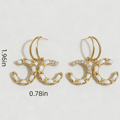 1 Pair Fashionable White Double C Earrings – Exquisite Luxury Braided Detailing, Timeless Elegant Charm, Versatile Jewelry Perfect for Daily Commutes & Special Occasions
