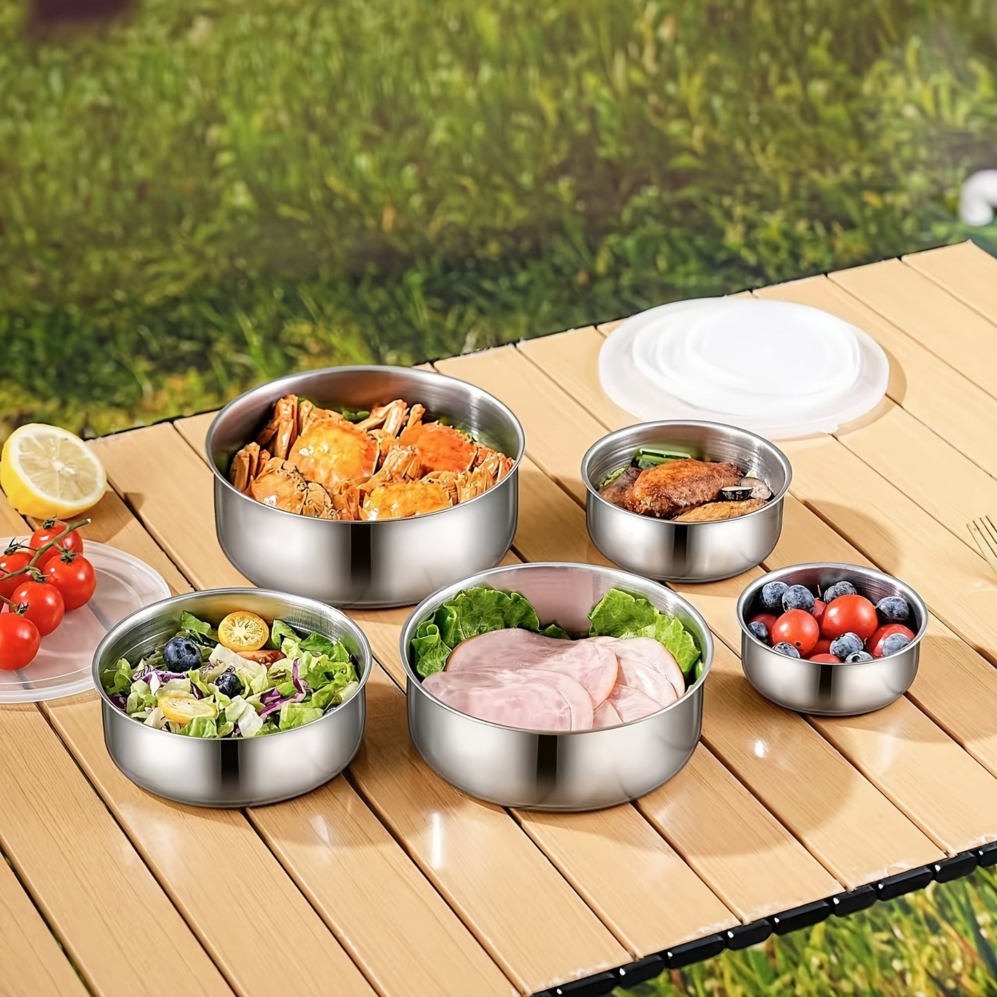 5-Piece Reusable Stainless Steel Outdoor Containers – Circular Airtight Lids, Perfect for Storing Fruits, Vegetables & Snacks, Ideal Companion for Picnic Parties & Outdoor Adventures