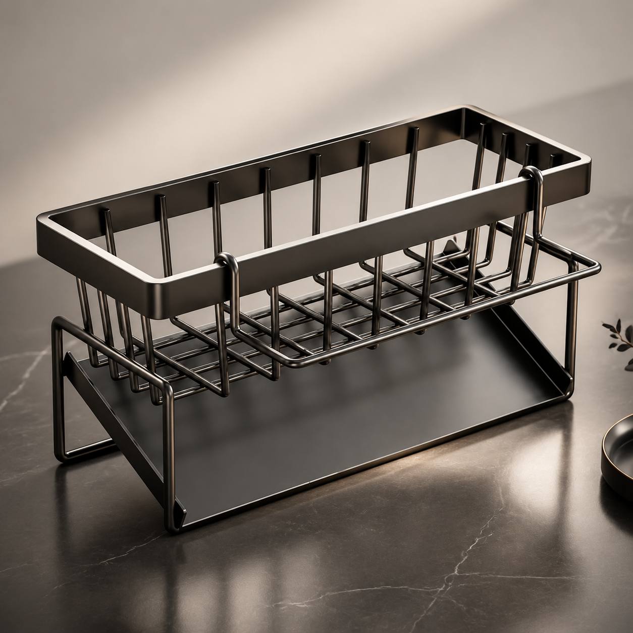 Kitchen sink storage rack with draining tray, sponge holder and brush holder, multi-functional kitchen accessory storage basket, sponge holder for sink