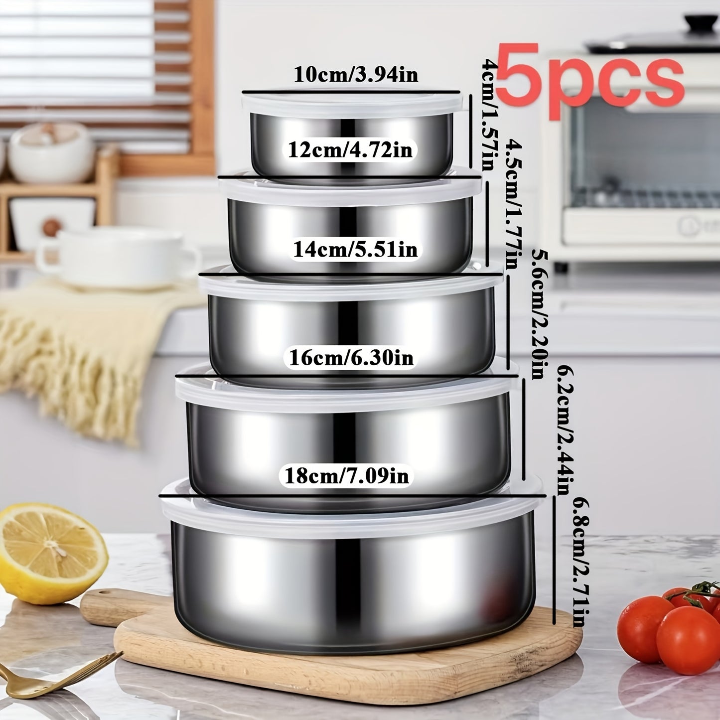 5-Piece Reusable Stainless Steel Outdoor Containers – Circular Airtight Lids, Perfect for Storing Fruits, Vegetables & Snacks, Ideal Companion for Picnic Parties & Outdoor Adventures