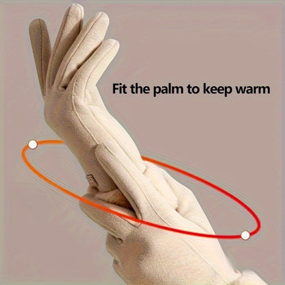 1 Pair Women’s Beige Touchscreen Windproof Thermal Gloves – Fur-Cuffed Warm-Lined Design Perfect for Commuting, Hiking & Running Adventures