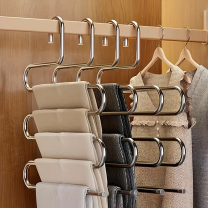Durable Stainless Steel S-Shaped Pants Organizer – 5-Tier Non-Slip Scratch-Free Rack, Great for Jeans & Long Pants to Create an Organized Closet