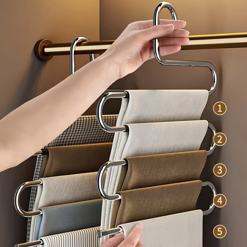 Durable Stainless Steel S-Shaped Pants Organizer – 5-Tier Non-Slip Scratch-Free Rack, Great for Jeans & Long Pants to Create an Organized Closet