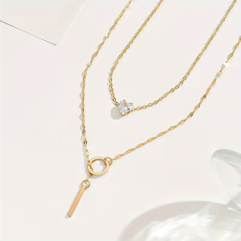 Gold-Hued Elegant Minimalist Layered Crystal Pendant Necklace – Sparkling Rhinestone Accents & Exquisite Fine Workmanship, Versatile Jewelry Perfect for Everyday Wear & Party Gatherings, Chic Summer Gift for Women