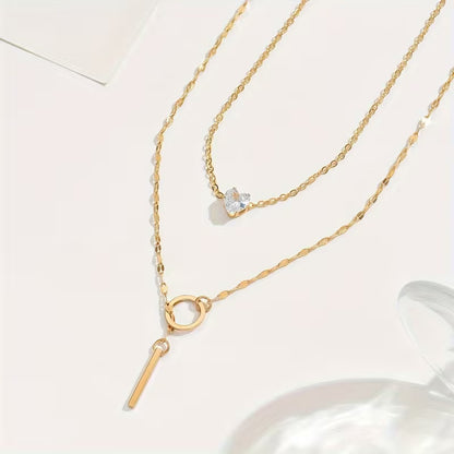 Gold-Hued Elegant Minimalist Layered Crystal Pendant Necklace – Sparkling Rhinestone Accents & Exquisite Fine Workmanship, Versatile Jewelry Perfect for Everyday Wear & Party Gatherings, Chic Summer Gift for Women