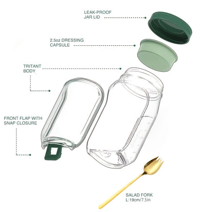 Side Opening Leak-Proof Salad Jar with Independent Sealed Sauce Cup, Stackable Food Container Safe for Microwave, Dishwasher and Refrigerator, Perfect for Daily Meal Prep, Office Lunches and Travel