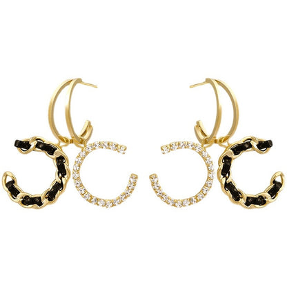 1 Pair Luxury Black Double C Earrings – Exquisite Braided Woven Craftsmanship, Timeless Elegant & Chic Vibe, Versatile Fashion Jewelry Perfect for Daily Wear & Special Occasions