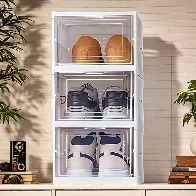 Collapsible Shoe Storage Box, 3-Tier Shoe Organizer Rack with Magnetic Clear Door, Tool-Free Quick Assembly Stackable Shoe Cabinet, Large Sturdy Space-Saving Shoe Rack for Entryway, Closet & Bedroom