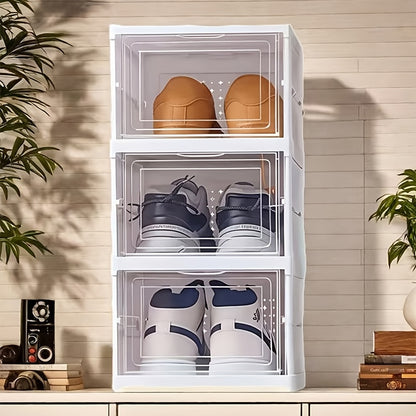 Collapsible Shoe Storage Box, 3-Tier Shoe Organizer Rack with Magnetic Clear Door, Tool-Free Quick Assembly Stackable Shoe Cabinet, Large Sturdy Space-Saving Shoe Rack for Entryway, Closet & Bedroom