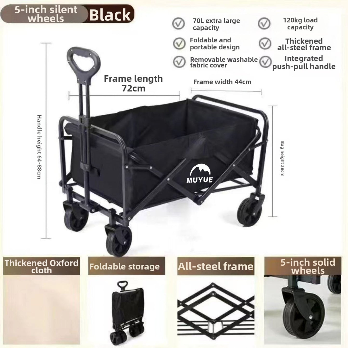 Folding Utility Wagon Beach Cart with All-Terrain Wheels, Collapsible Portable Outdoor Trolley, Multi-Purpose Gear Carrier for Gardening, Sports Events & Camping Trips