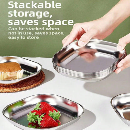 4pcs Stainless Steel Square Dish Set, Stackable Thickened Serving Plates, Versatile Kitchen Trays for Bones, Fruits and Snacks, Durable Easy-to-Clean Tableware, Great for Home & Restaurant Use