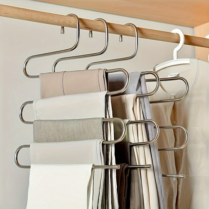 Durable Stainless Steel S-Shaped Pants Organizer – 5-Tier Non-Slip Scratch-Free Rack, Great for Jeans & Long Pants to Create an Organized Closet