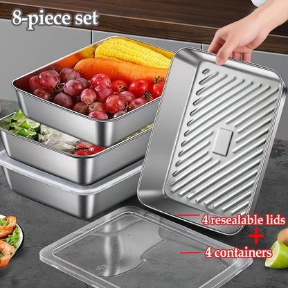 4pcs 7.09in*5.12in Food-Grade Stainless Steel Storage Boxes with Lids - Reusable Rectangular Trays, Ideal as Dumpling Plates, Baking Pans & Barbecue Dishes for Kitchen Organization