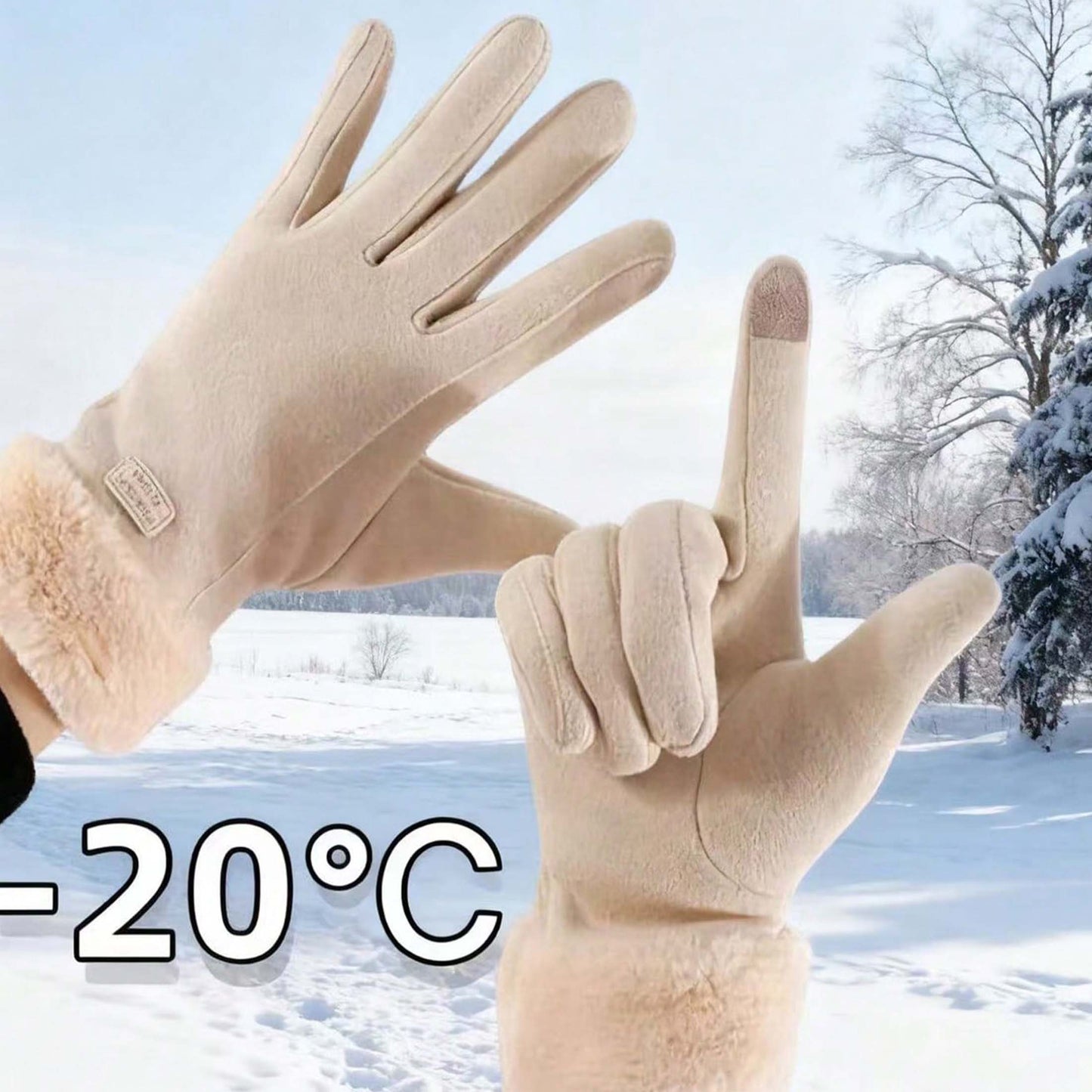 1 Pair Women’s Beige Touchscreen Windproof Thermal Gloves – Fur-Cuffed Warm-Lined Design Perfect for Commuting, Hiking & Running Adventures