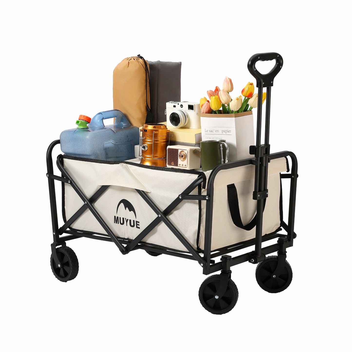 Multi-Purpose Foldable Utility Garden Cart with 5 Inch Rubber Wheels, Adjustable Pull Handle, Collapsible Transport Wagon for Shopping, Beach Trips and Outdoor Camping
