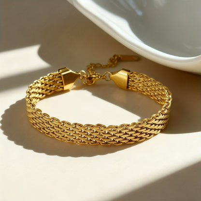 1 Piece 18K Gold Plated Stainless Steel Bracelet – Exquisite Braided Texture, Retro Edgy Women’s Jewelry, Minimalist High-End Style for Daily Layering & Banquets, Perfect Holiday & Birthday Gift