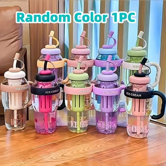 1pc Large Capacity Multifunctional Plastic Water Bottle with Built-In Handle & Flip Straw, Leakproof Hydration Drinking Cup for Gym Workout Camping Driving Travel & Daily Outdoor Activities, Durable Portable Drink Container Assorted Random Color