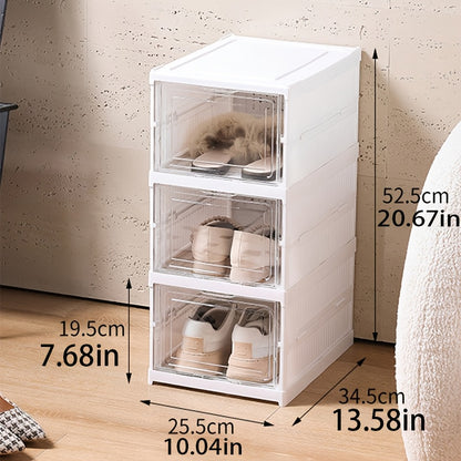 Collapsible Shoe Storage Box, 3-Tier Shoe Organizer Rack with Magnetic Clear Door, Tool-Free Quick Assembly Stackable Shoe Cabinet, Large Sturdy Space-Saving Shoe Rack for Entryway, Closet & Bedroom