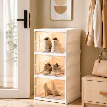 Collapsible Shoe Storage Box, 3-Tier Shoe Organizer Rack with Magnetic Clear Door, Tool-Free Quick Assembly Stackable Shoe Cabinet, Large Sturdy Space-Saving Shoe Rack for Entryway, Closet & Bedroom