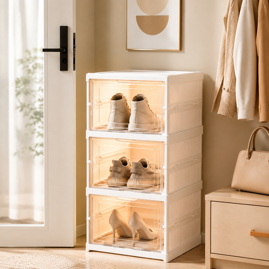 Collapsible Shoe Storage Box, 3-Tier Shoe Organizer Rack with Magnetic Clear Door, Tool-Free Quick Assembly Stackable Shoe Cabinet, Large Sturdy Space-Saving Shoe Rack for Entryway, Closet & Bedroom