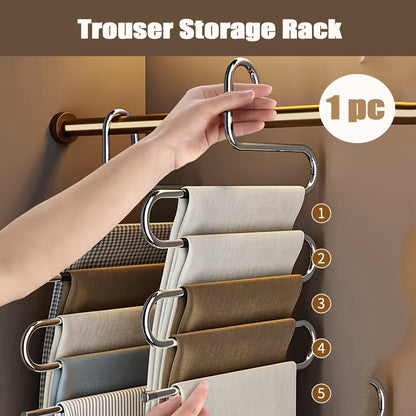 Durable Stainless Steel S-Shaped Pants Organizer – 5-Tier Non-Slip Scratch-Free Rack, Great for Jeans & Long Pants to Create an Organized Closet