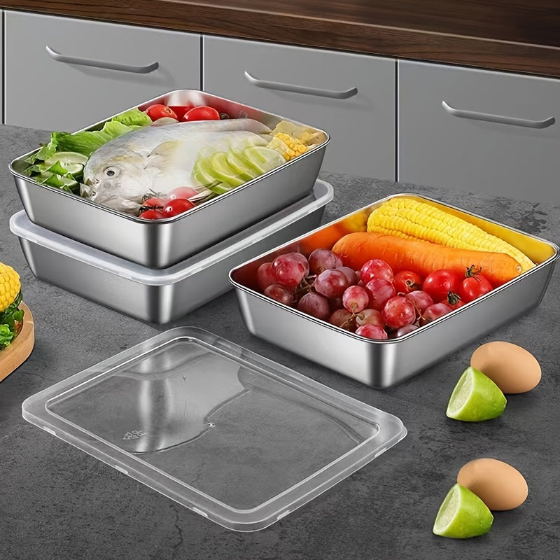4pcs 8.66in*5.91in Food-Grade Stainless Steel Dumpling Trays with Lids - Stackable Reusable Food Storage Containers, Ideal for Baking, Meal Prep, Outdoor Picnics & Kitchen Fridge Organization