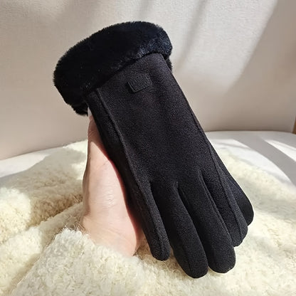 1 Pair Women’s Black Touchscreen Windproof Thermal Gloves – Fur-Cuffed Warm-Lined Design Perfect for Commuting, Hiking & Running Trips