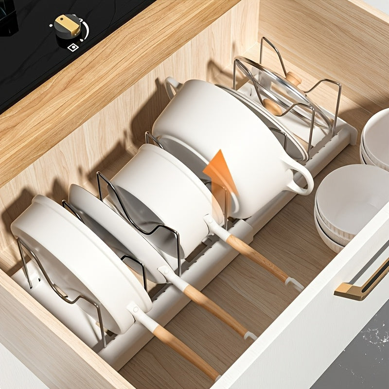 1pc Space-Saving Kitchen Organizer Rack, Metal Construction with 7 Adjustable Shelves, Expandable Lid Holder, Pull-Out Drawer, Utensil Rack & Drain Board for Pots & Pans