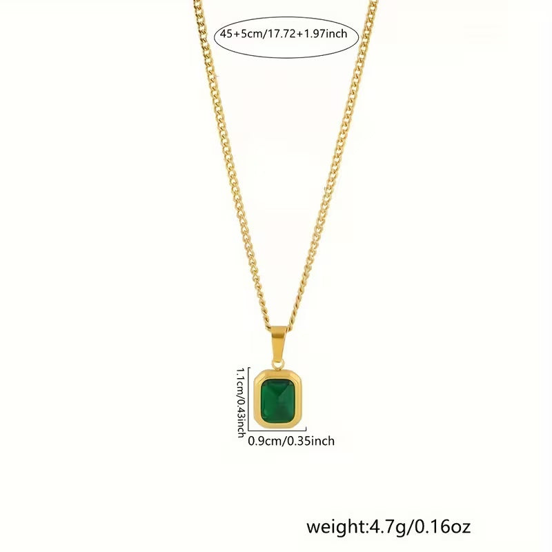 1 Piece Women’s Green Square Pendant Necklace – Retro French-Style Design, Alloy Setting & Elegant Collarbone Chain, Perfect for Valentine’s Day, Party Looks & Daily Wear